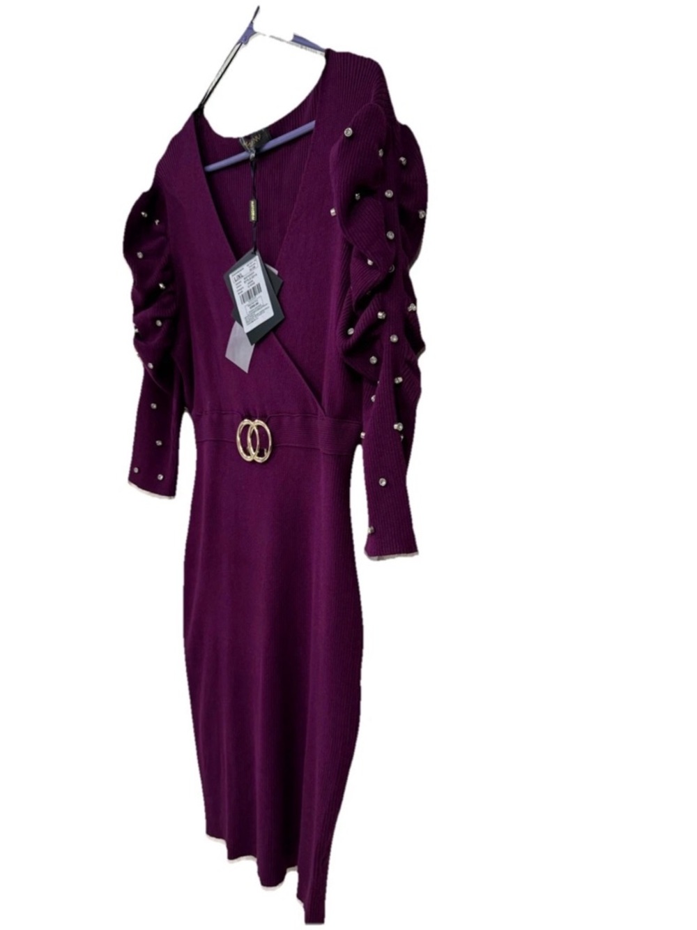 NWT Knit Ribbed Belted Midi Dress with Embellished Sleeves Statement Wine - Picture 4 of 7